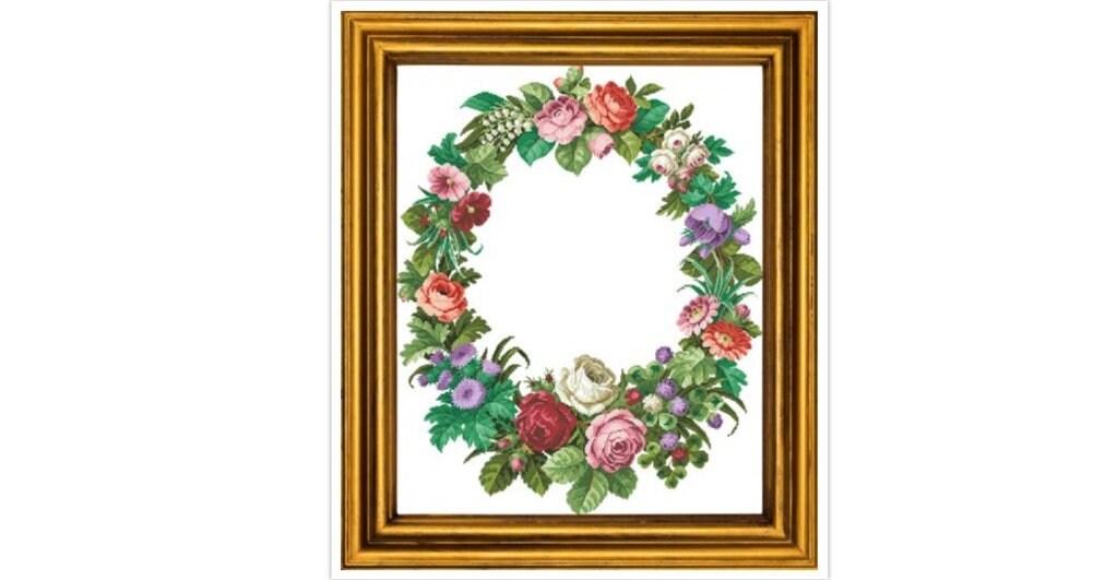 Antique Floral Wreath Cross Stitch Pattern: Berlin Embroidery (PDF)