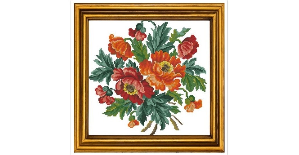 Poppies Cross Stitch Pattern: Antique Floral Embroidery (PDF)