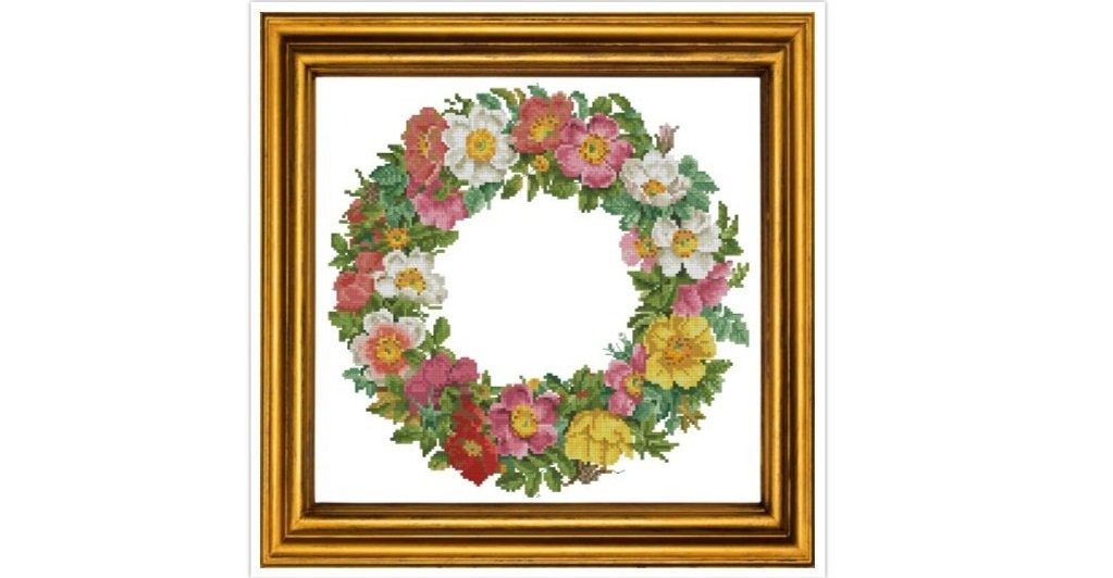 Flower Wreath Cross Stitch Pattern: Antique Berlin Embroidery (PDF)