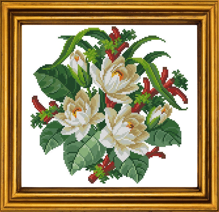 Water Lilies Cross Stitch Pattern: Antique Floral Bouquet (PDF)