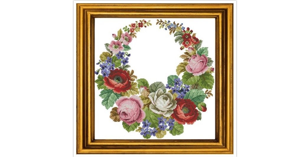 Flower Wreath Cross Stitch Pattern: Nostalgic Antique Bouquet (PDF)