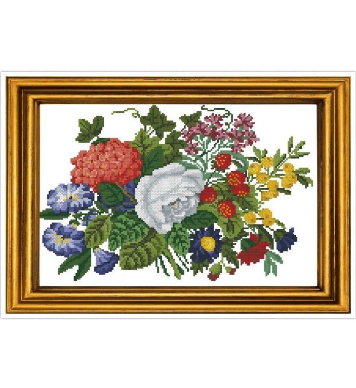 Antique Floral Cross Stitch Pattern: Berlin Embroidery Bouquet (PDF)