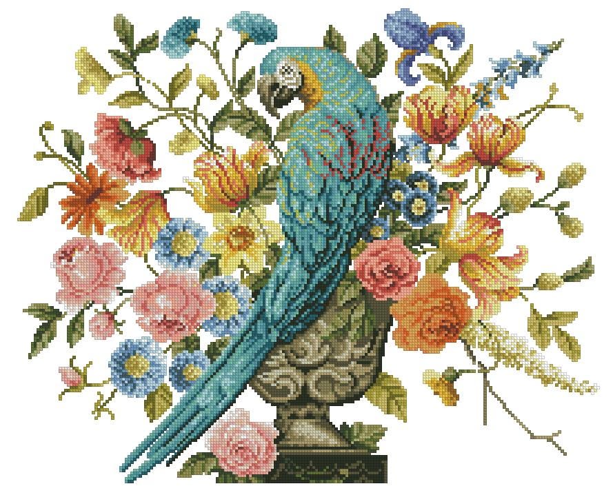 Parrot with Flowers Cross Stitch Pattern: Antique Berlin Embroidery (PDF) - Image 2
