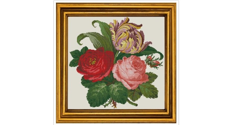 Antique Floral Cross Stitch Pattern: Berlin Embroidery Bouquet (PDF)