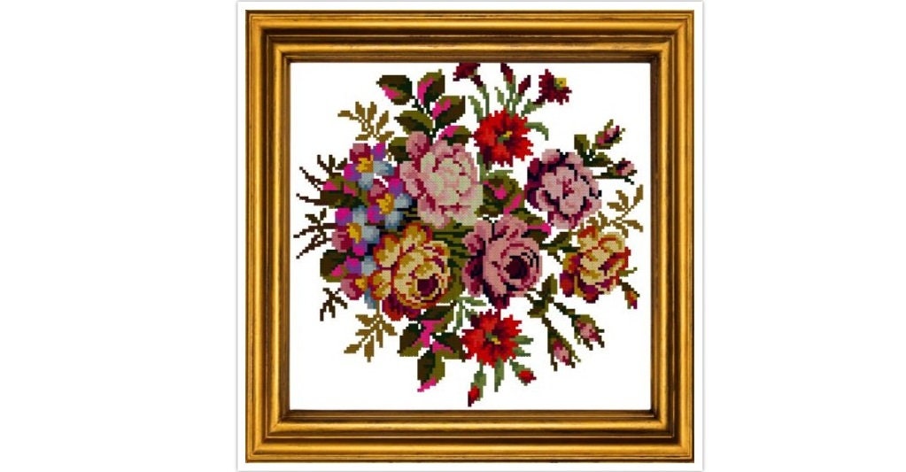 Antique Bouquet Cross Stitch Pattern: Berlin Embroidery (PDF)