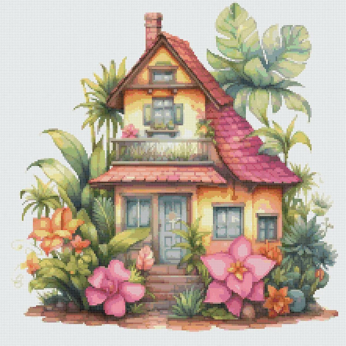 House Cross Stitch Pattern: Tropical Cottage Design (PDF) - Image 2