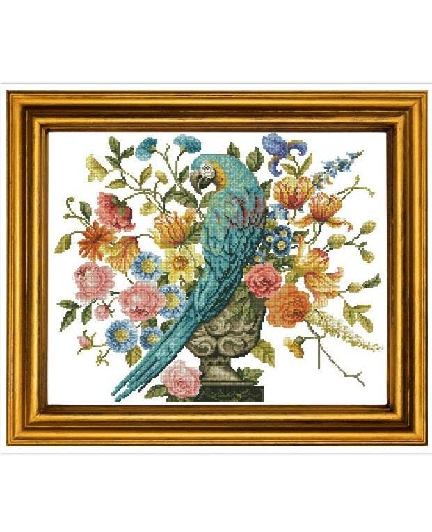Parrot with Flowers Cross Stitch Pattern: Antique Berlin Embroidery (PDF)