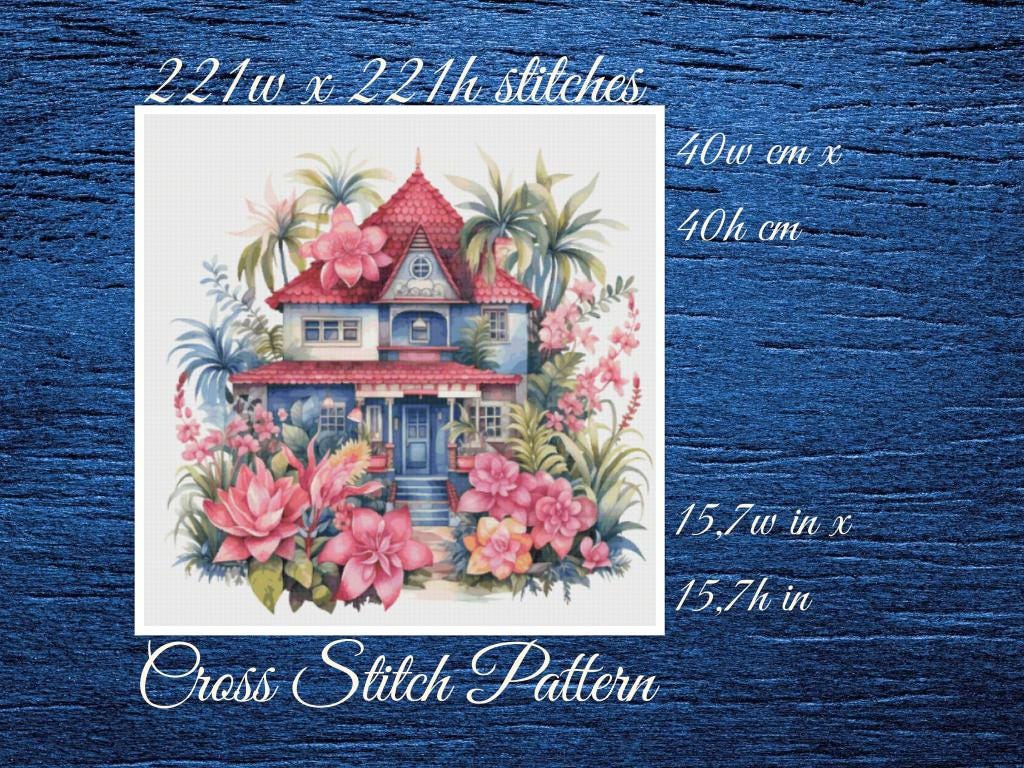 Floral House Cross Stitch Pattern: Tropical Home Design (PDF Pattern)