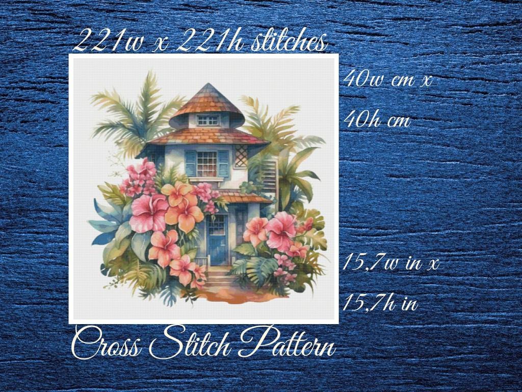 Cottage Cross Stitch Pattern: Tropical House (PDF Pattern)