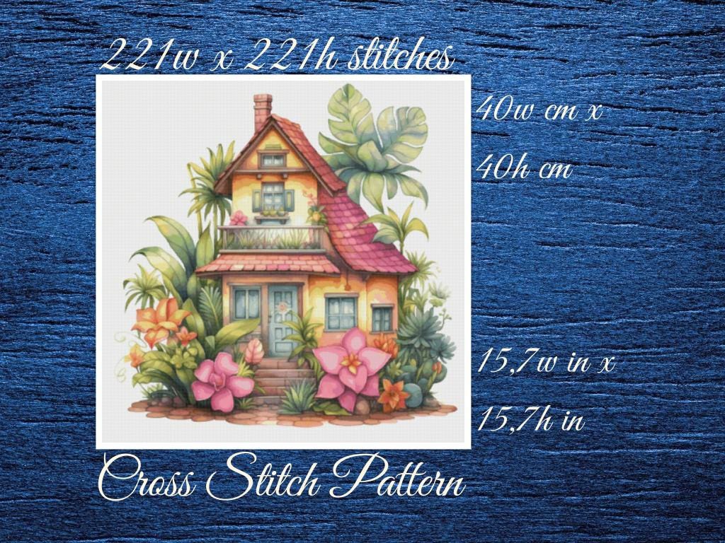 House Cross Stitch Pattern: Tropical Cottage Design (PDF)