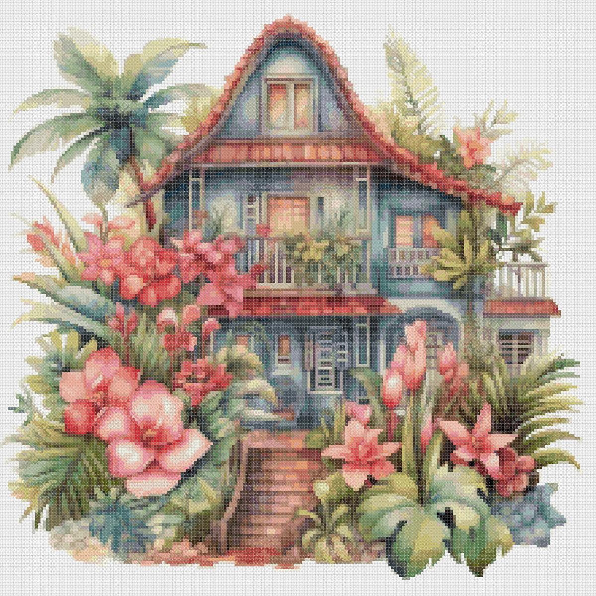 Cottage Cross Stitch Pattern: Tropical House Design (PDF Pattern) - Image 2