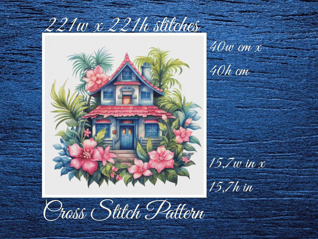 Cottage Cross Stitch Pattern: Tropical House (PDF Pattern)