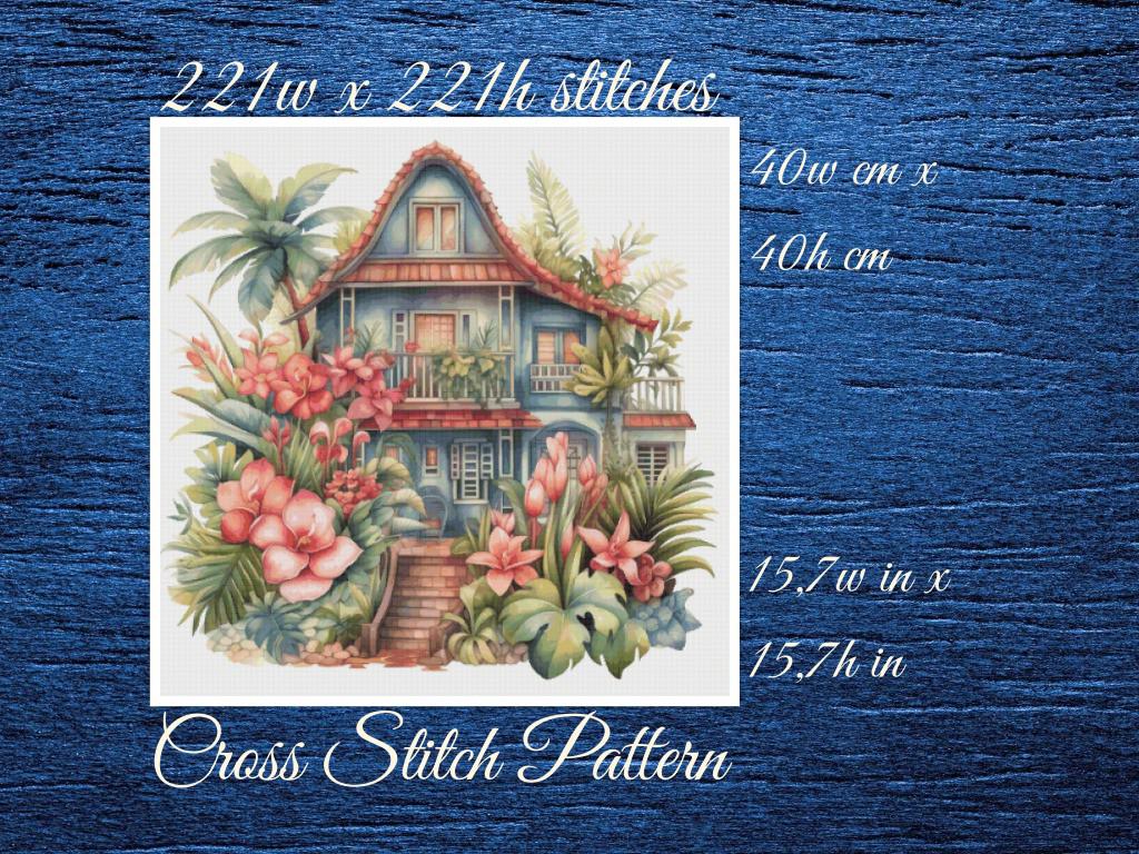 Cottage Cross Stitch Pattern: Tropical House Design (PDF Pattern)