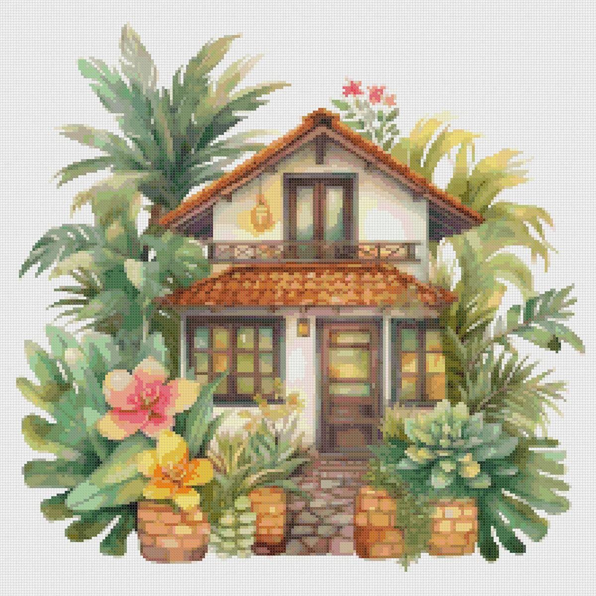 Cottage Cross Stitch Pattern: Tropical House (PDF Pattern) - Image 2