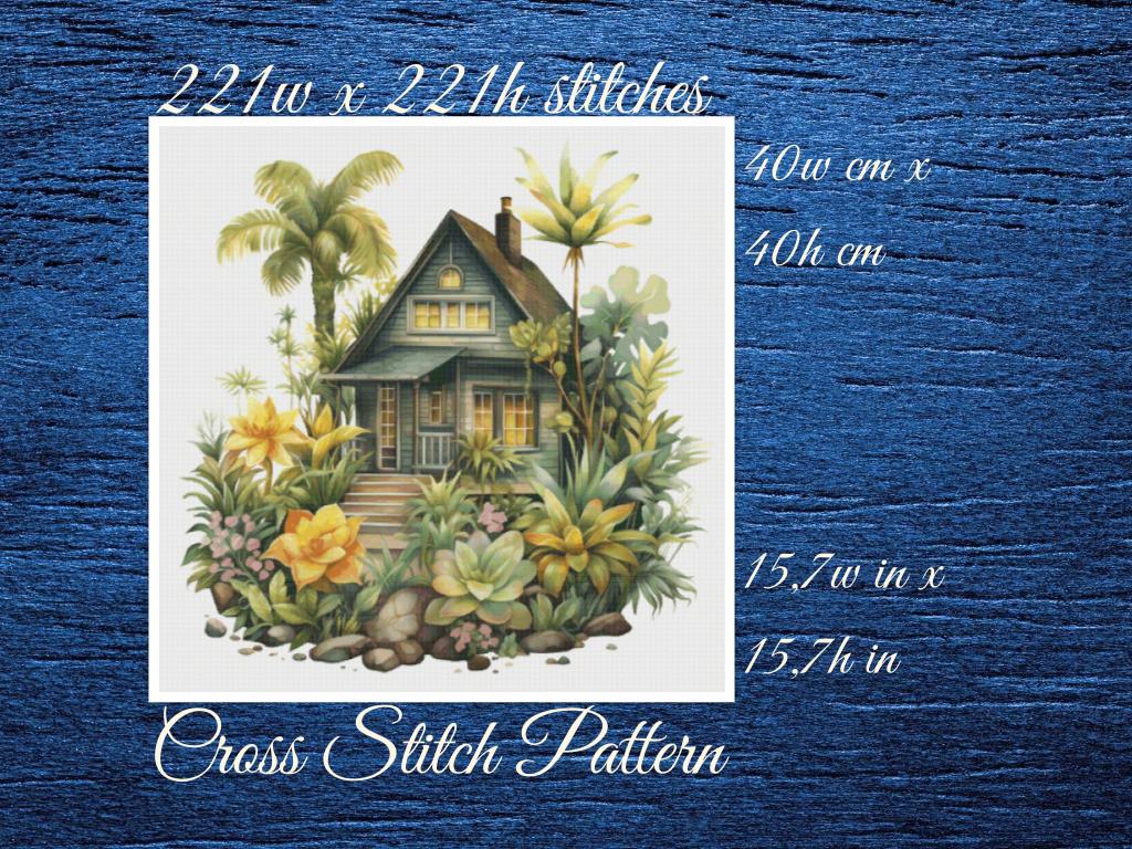Cottage Cross Stitch Pattern: Tropical House (PDF Pattern)