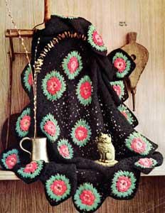 Vintage Crochet Pattern Afghan Plaid Black With Roses - Country Home Decor - PDF English