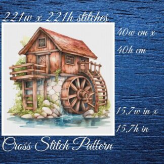House with Mill Cross Stitch Pattern: Landscape Art (PDF Pattern)