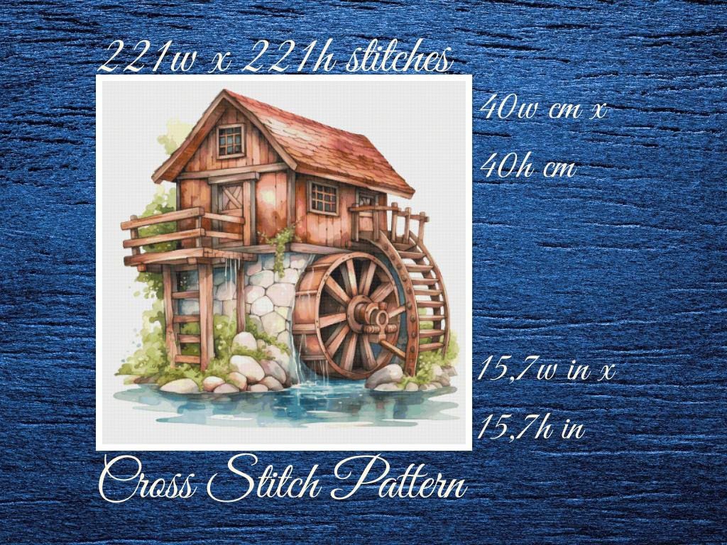House with Mill Cross Stitch Pattern: Landscape Art (PDF Pattern)