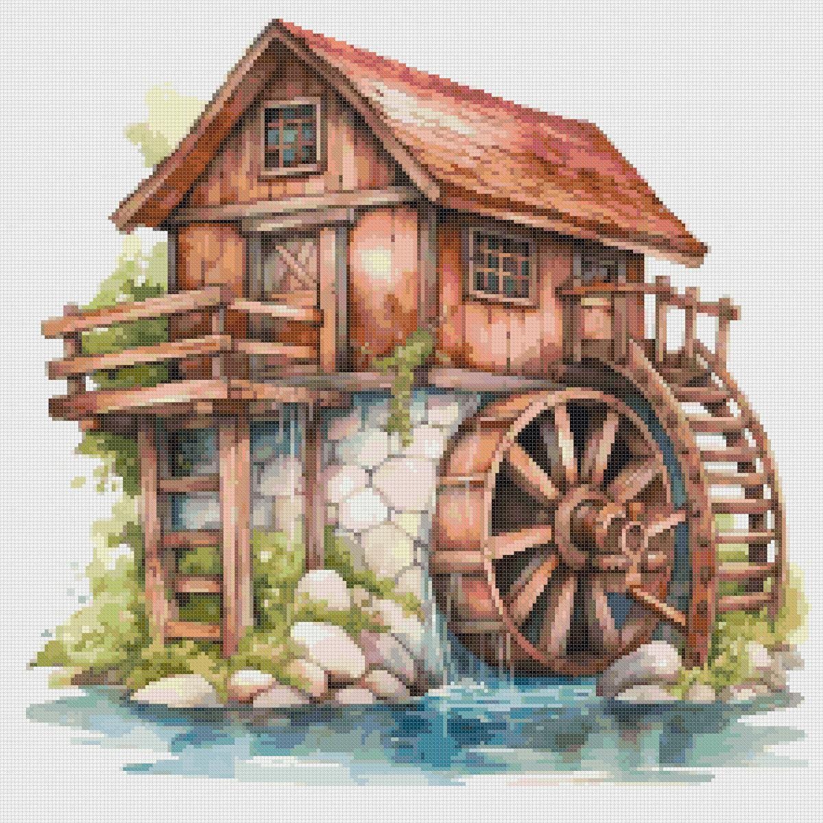 House with Mill Cross Stitch Pattern: Landscape Art (PDF Pattern) - Image 2