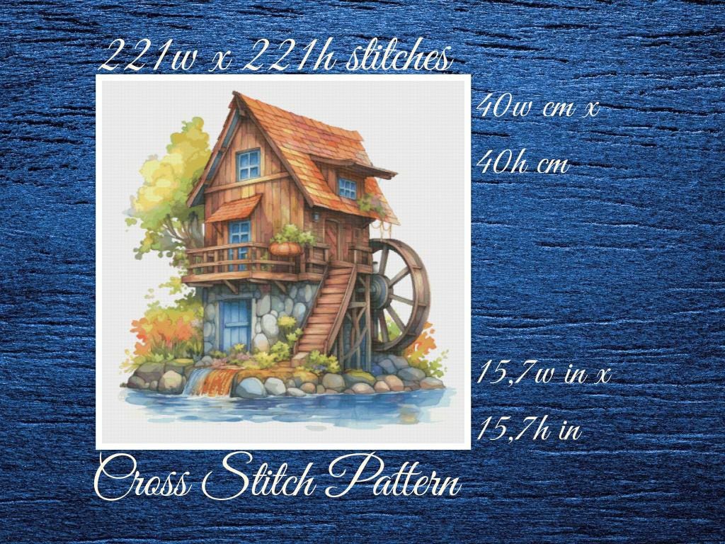 House with Mill Cross Stitch Pattern: Realistic Landscape (PDF Pattern)