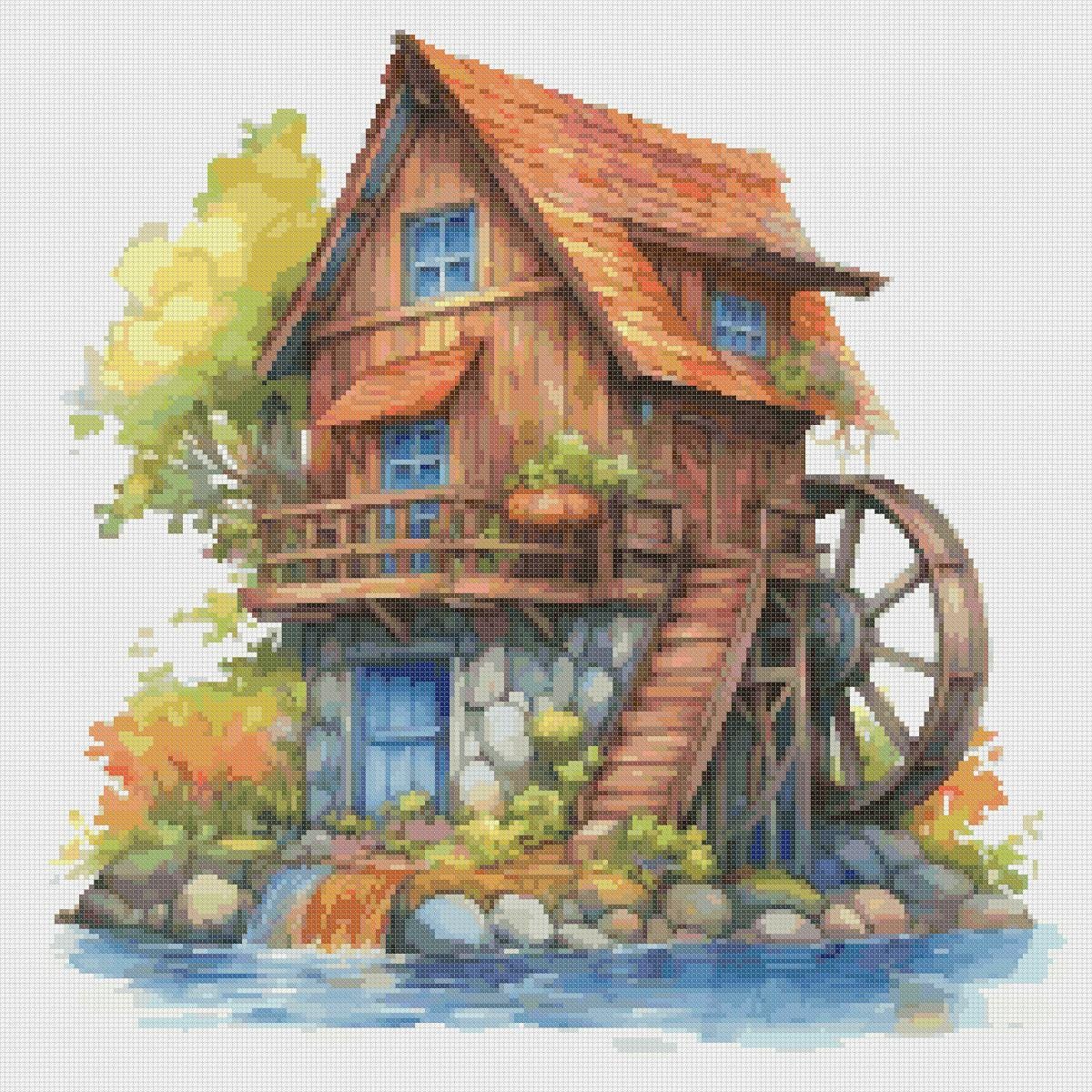 House with Mill Cross Stitch Pattern: Realistic Landscape (PDF Pattern) - Image 2