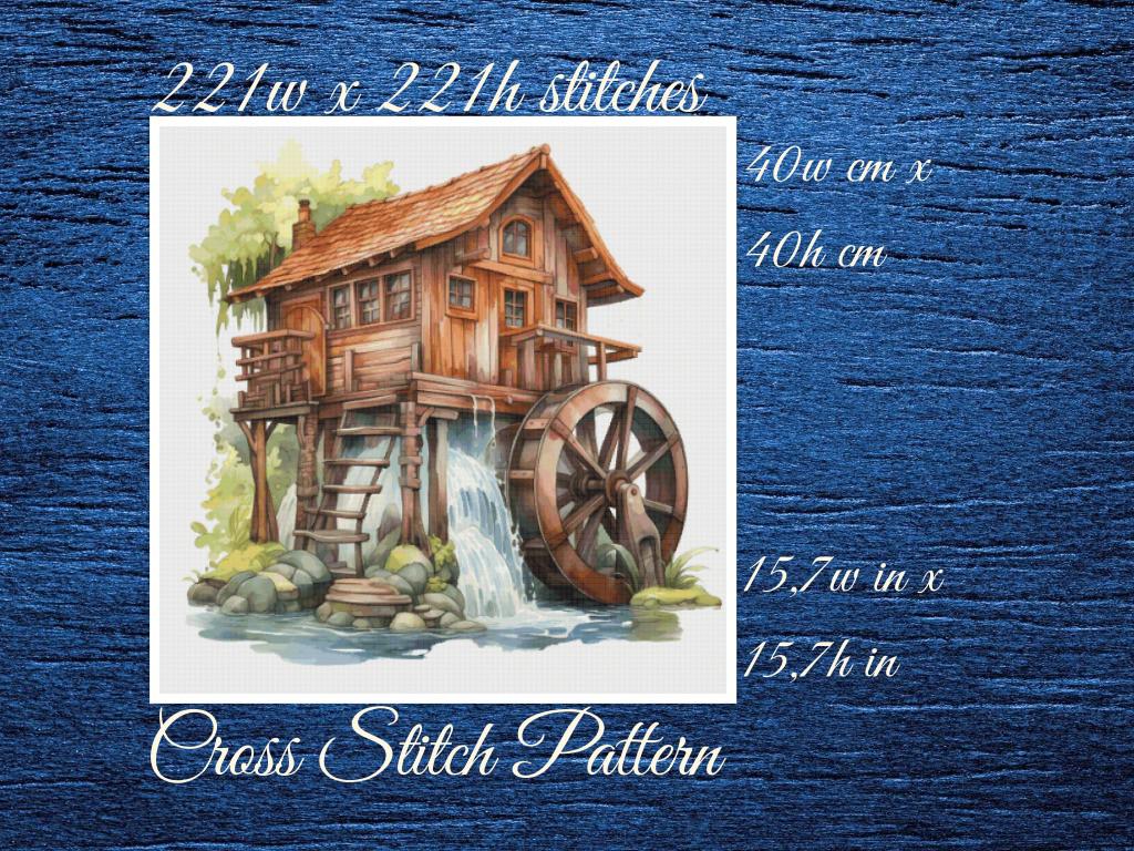 House with Mill Cross Stitch Pattern: Counted PDF (40x40cm)