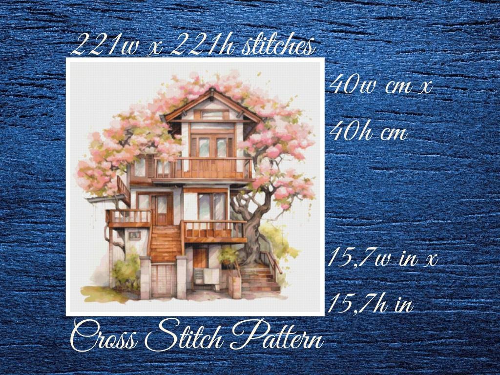 Cottage House Cross Stitch Pattern: Floral Tree (PDF Pattern)
